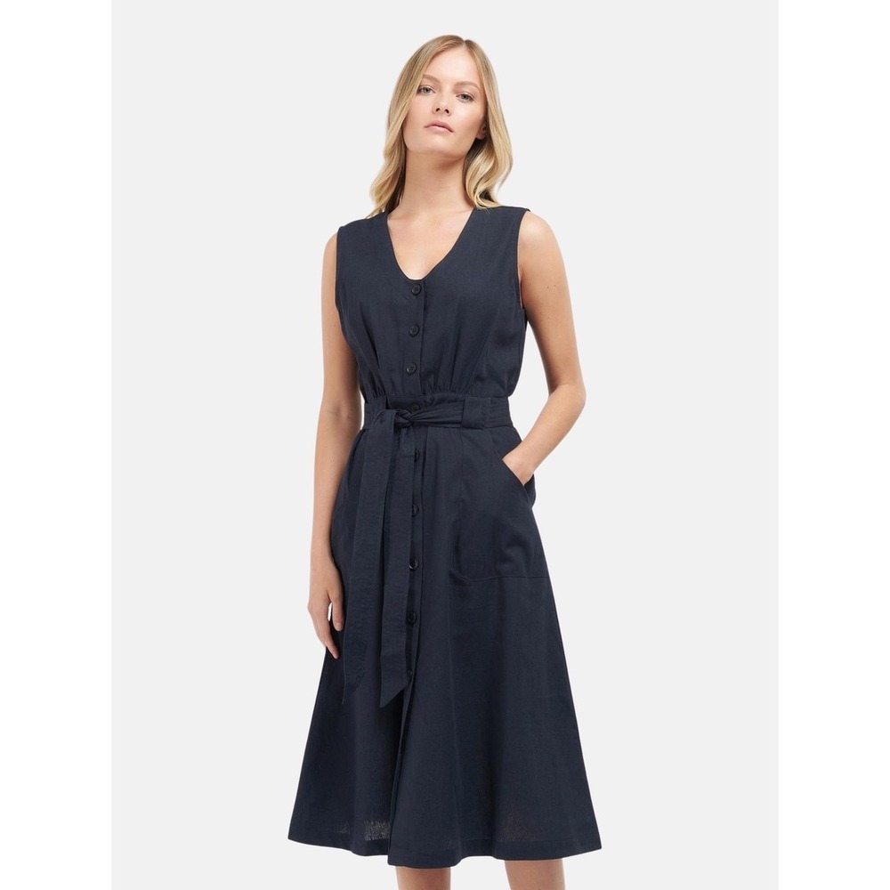 Barbour | Rutherglen Cotton Linen Midi Dress 6 Navy Blue Button Front‎ Belted